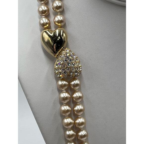 Joan Rivers Vintage Taupe Faux Pearl Double Strand Necklace Pave Heart Clasp - Picture 6 of 13